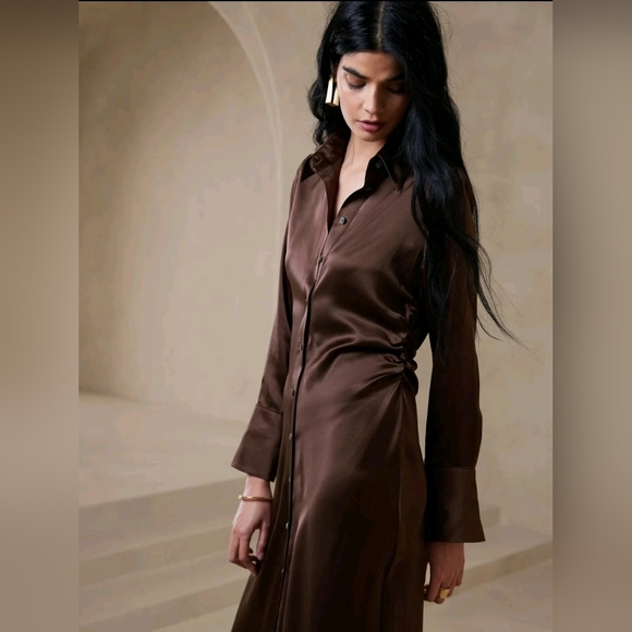 NWT Banana Republic Enchant Silk Dress Size Medium Petite In Roasted Cacao Brown - Picture 1 of 9